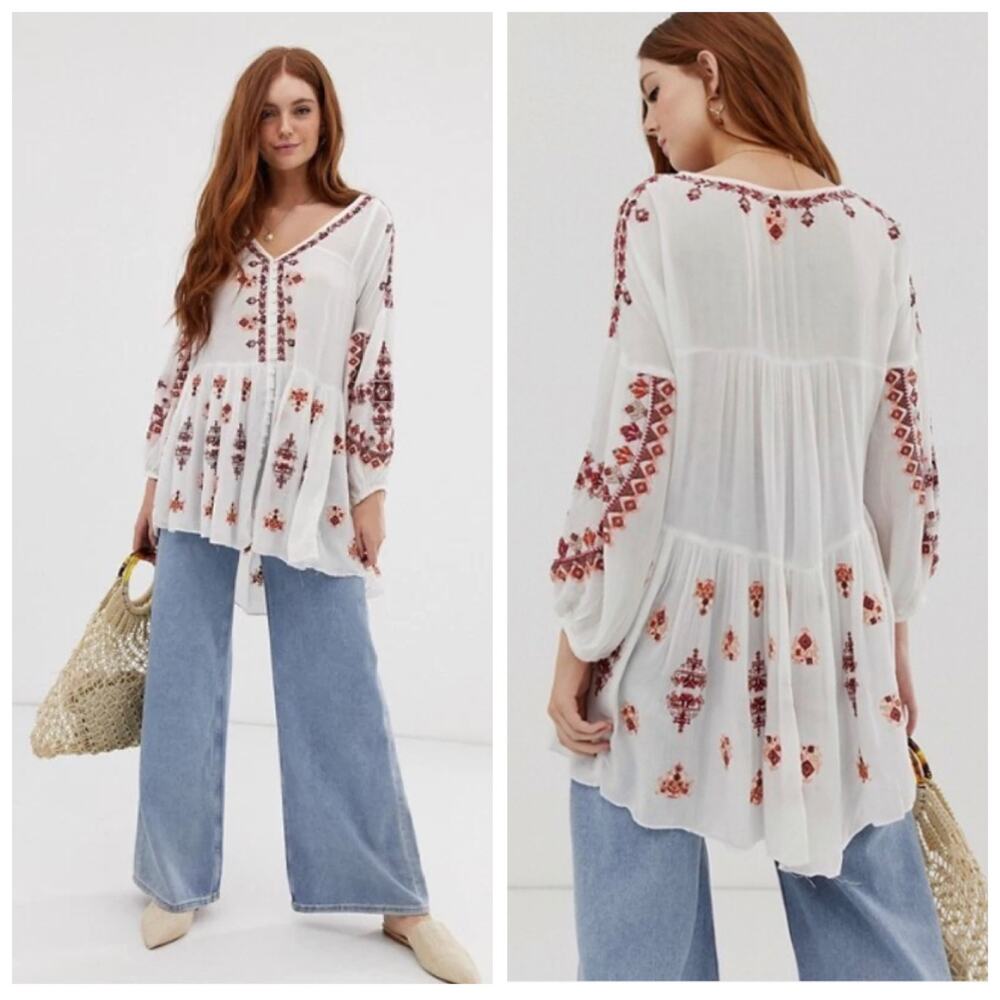 Free People Ariana White Embroidered Tunic Boho Peasant Blouse - Size Small